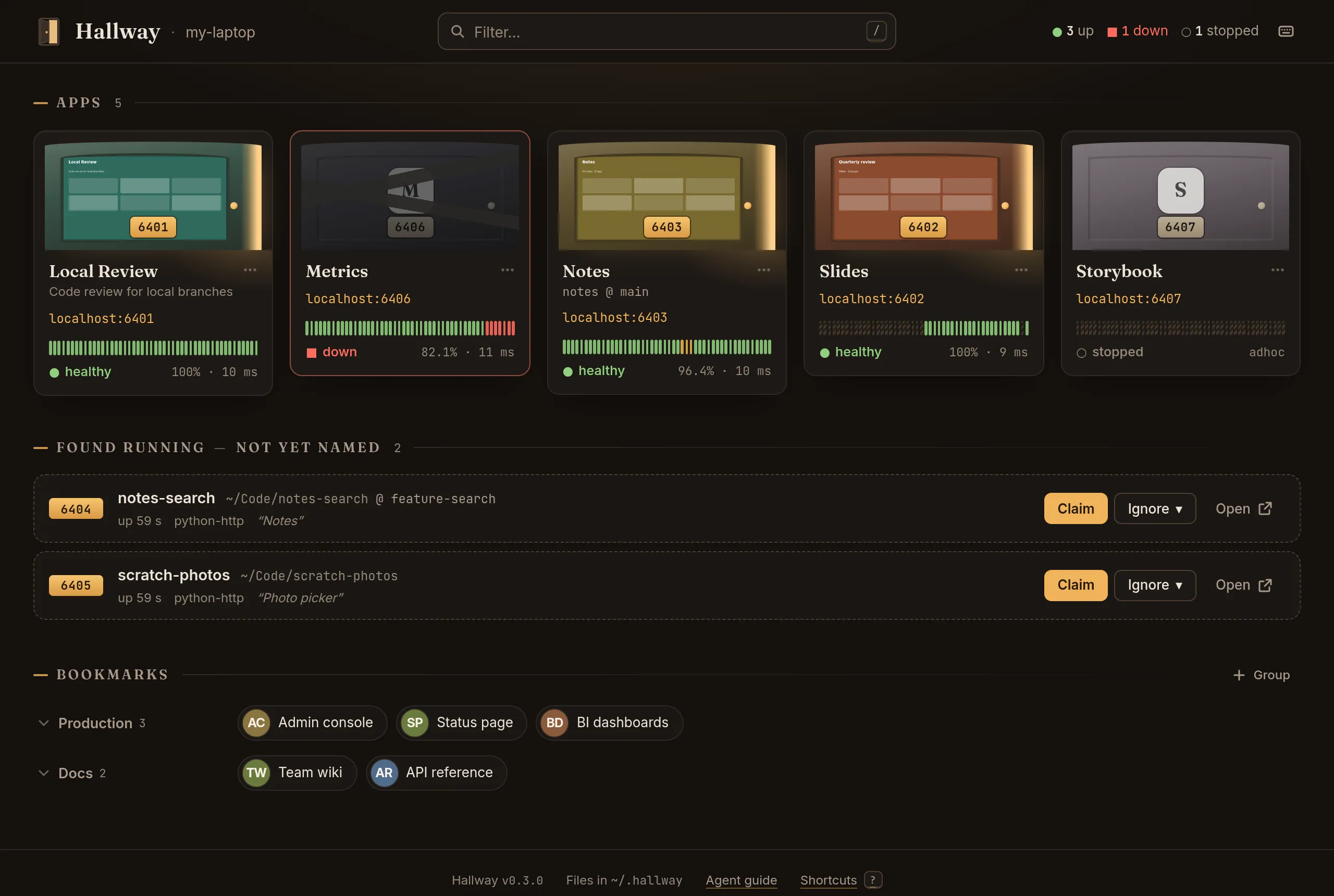The Hallway dashboard on demo data: a header reading Hallway, my-laptop, 3 up, 1 down; five app cards drawn as doors with their ports on brass plates, three showing a screenshot of the app, one down with a red edge and one stopped; then two servers found running and not yet named, with Claim and Ignore buttons